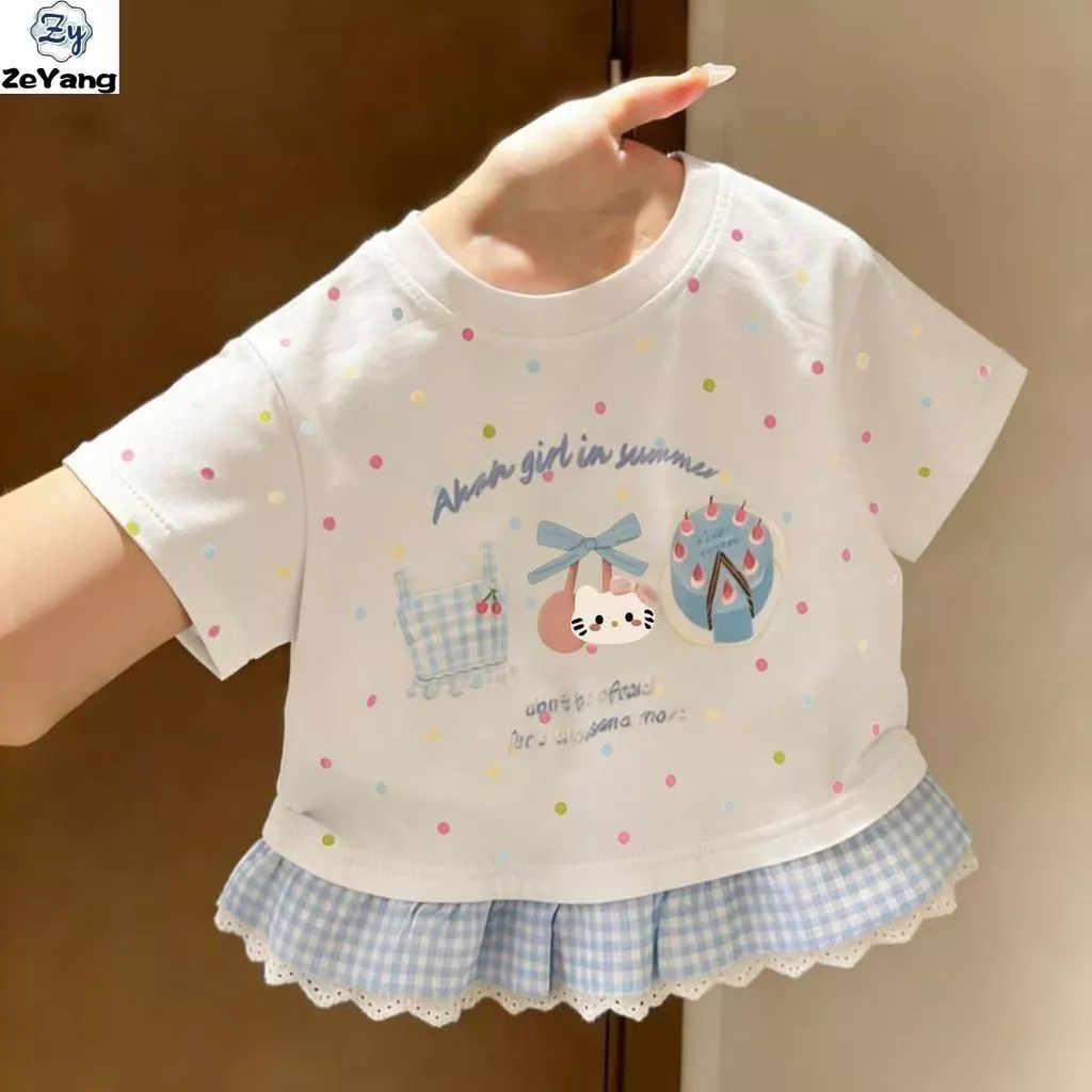 [ZY] 70-140 Hàng có sẵn Áo thun ngắn tay Cotton nguyên chất dành cho trẻ em Ren giản dị ngắn T Áo sơ mi hoạt hình cho bé Phù hợp với quần áo trẻ em thời trang Vận chuyển nhanh
