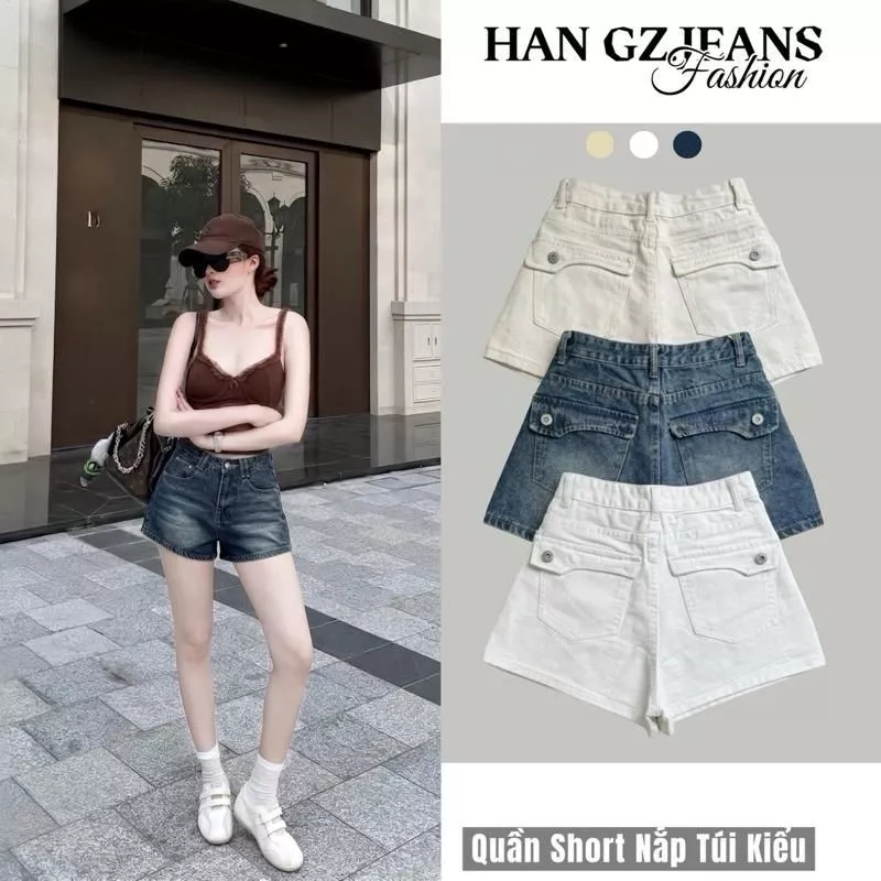 HAN.Gz - Quần Short Nữ Lưng Cao Form Rộng Có Túi Sau Dáng Suông Phong Cách Hàn Quốc Thời Trang X294