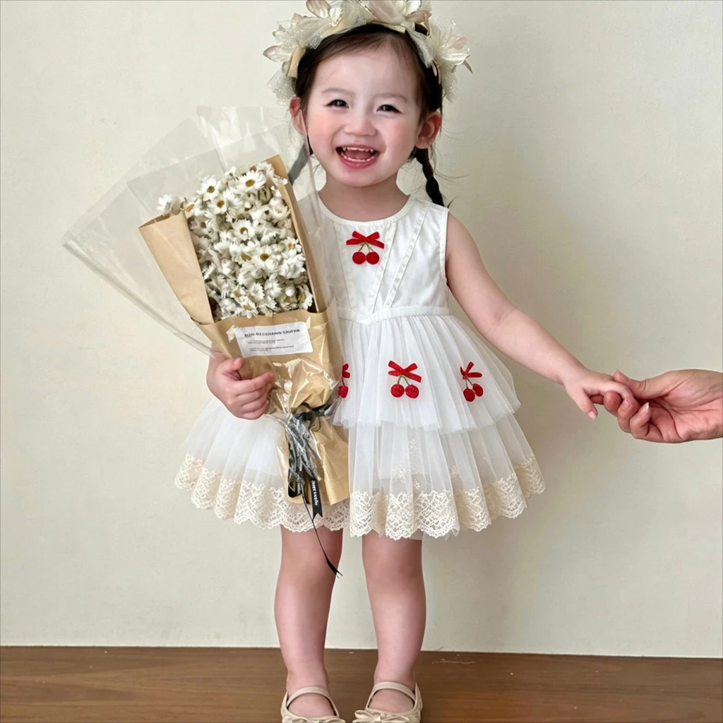 Mùa Hè Bé Gái Áo Liền Quần Anh Đào Thêu Nơ Lưới Đầm Công Chúa 0-24 Tháng Quần Áo Cho Bé