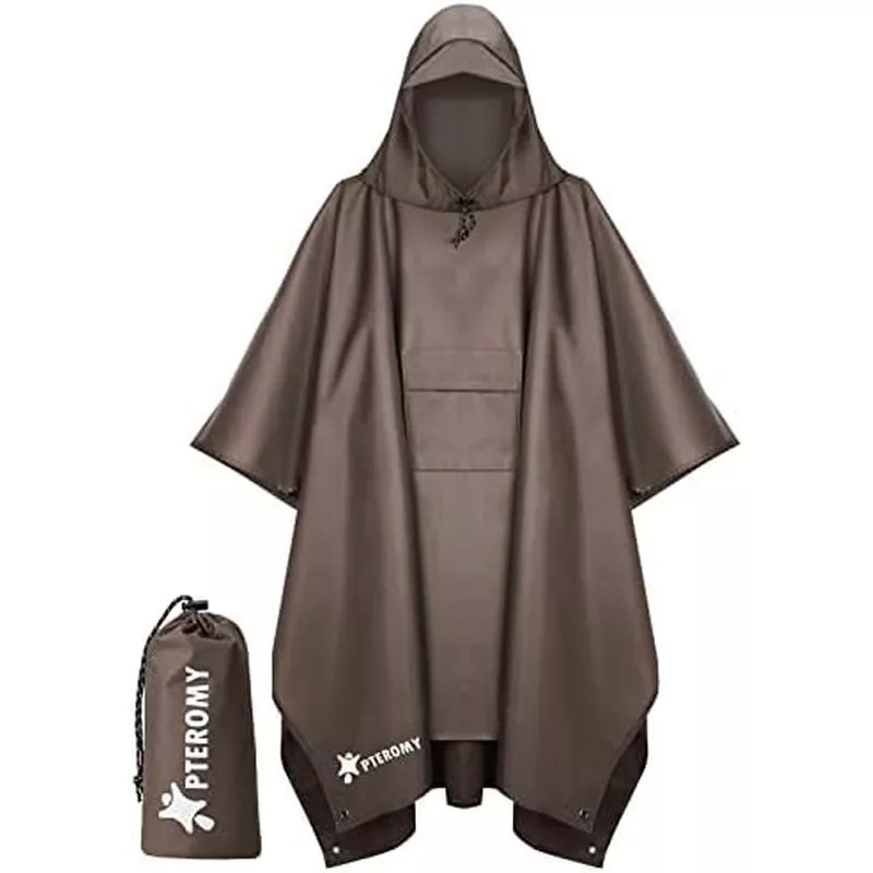 PTEROMY Áo mưa có mũ trùm đầu 3 trong 1 dành cho người lớn có túi, Áo mưa Uni nhẹ chống nước để đi bộ đường dài Cắm trại khẩn cấp