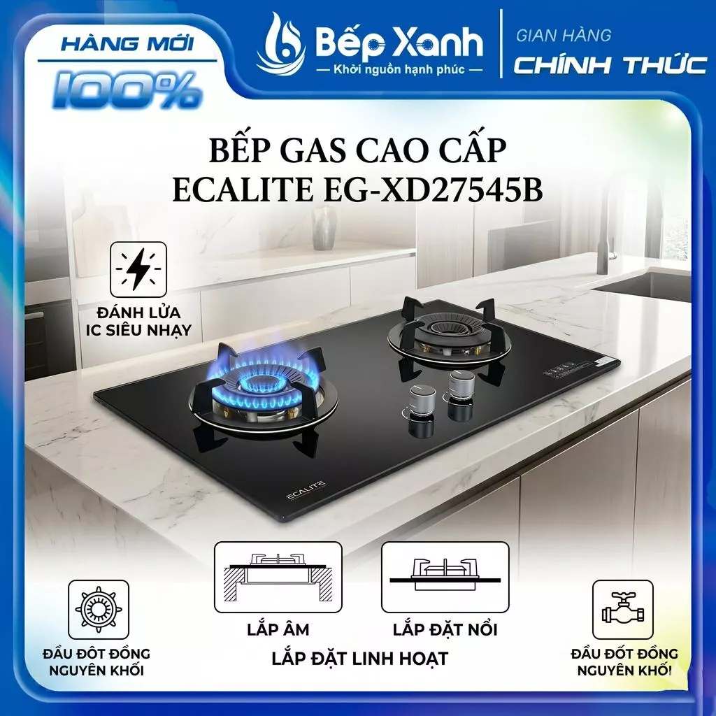 [FREE SHIP + LẮP TPHCM] Bếp gas 2 vùng nấu Ecalite EG-XD27545B, lắp âm hoặc lắp nổi, lửa xanh siêu tiết kiệm gas