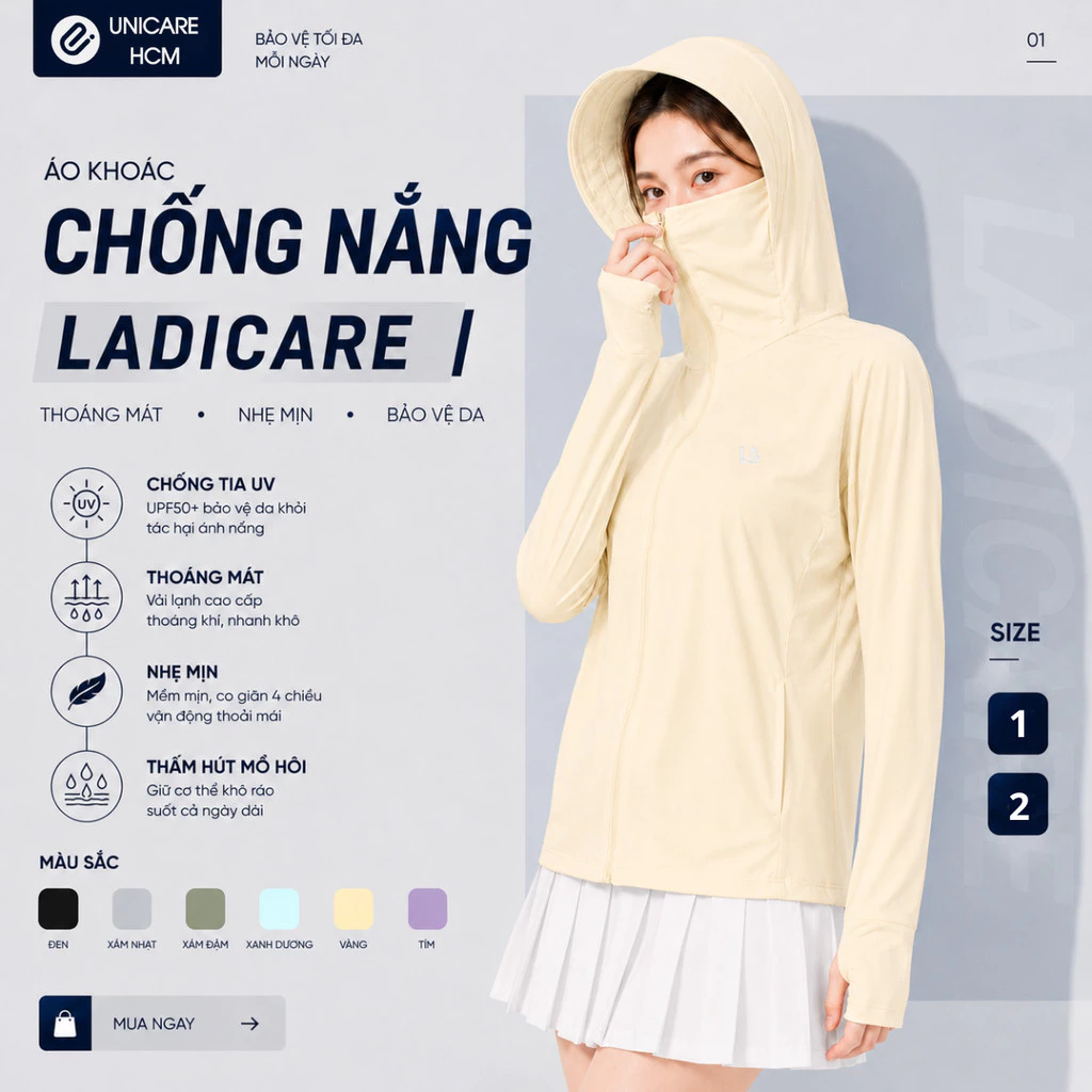 Áo Khoác Chống Nắng UV Cool LADICARE UPF50+, Chống Tia UV, Che Kín Mặt, Vải Lạnh Mát, Nam Nữ Đều Mặc Được
