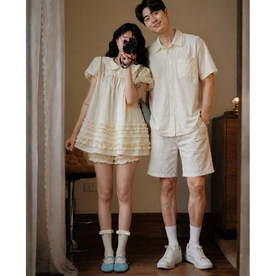 (S - 89) Set đồ đôi nam nữ couple set váy cổ sen babydoll kèm quần và áo sơmi nam tay cộc( không quần nam)chất gió nhăn