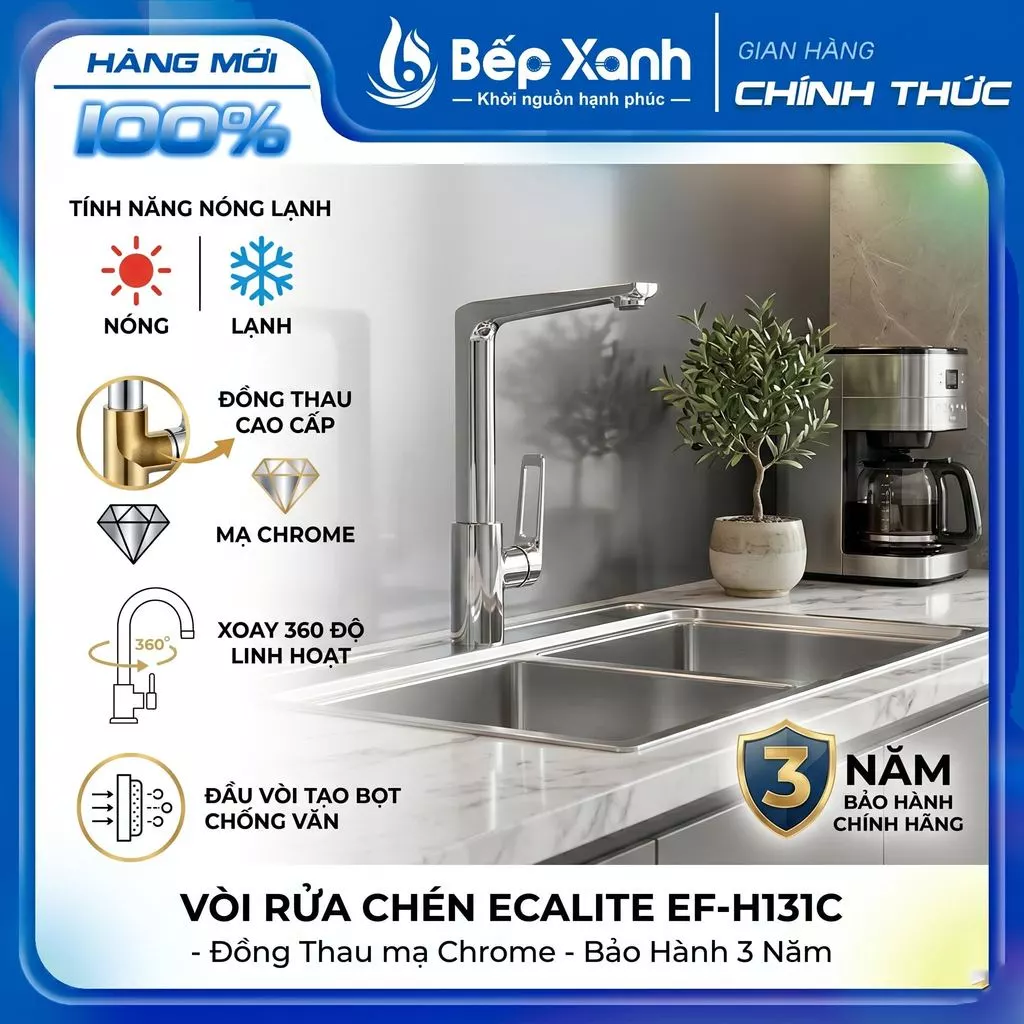 [CHÍNH HÃNG] Vòi Rửa Chén Nóng Lạnh Ecalite EF-H131C - Đồng Thau mạ Chrome - Bảo Hành 3 Năm