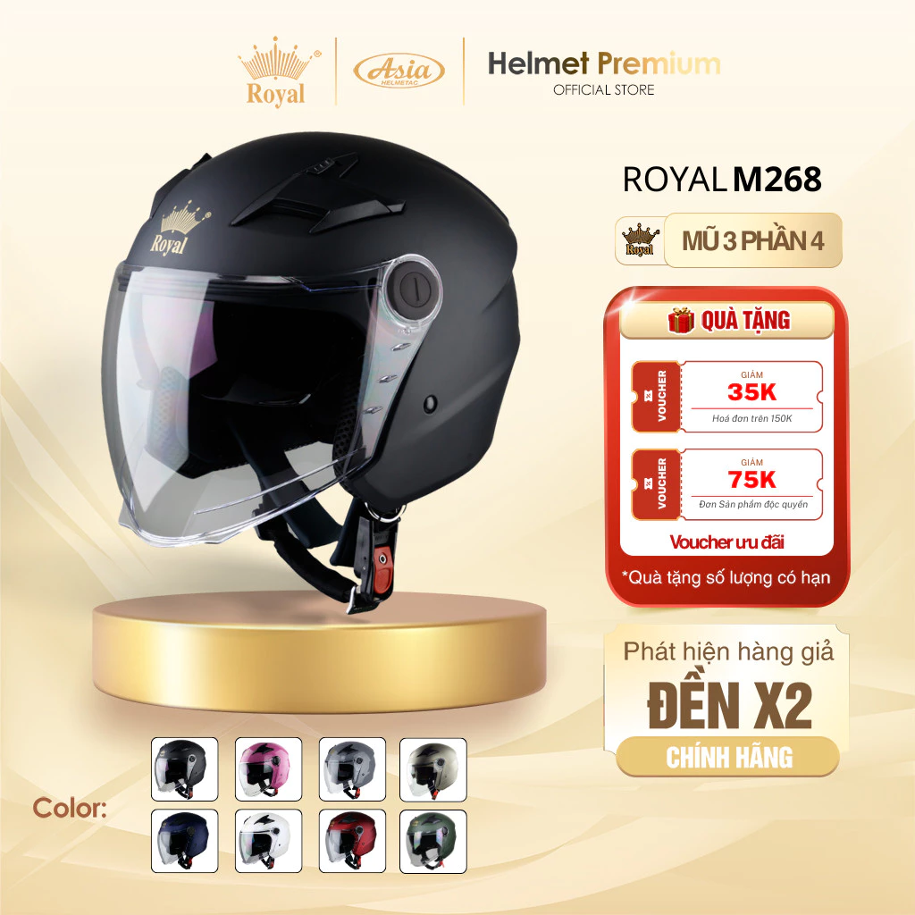 Mũ Bảo Hiểm 3/4 Royal M268 2 Kính, Nón Bảo Hiểm Kính Râm Chống Nắng Đi Phượt, Bảo Hành 12 Tháng