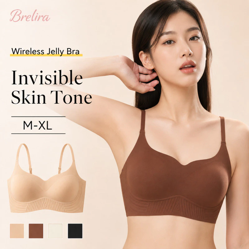Áo ngực không gọng Brelira, chất liệu Jelly Bra, màu da tự nhiên, không đường may, nâng ngực, dây mỏng, cúp cố định, không để lại dấu vết, định hình lưng.