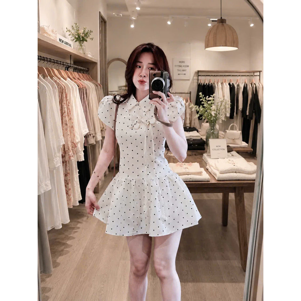 Đầm Nữ CỔ SEN Ngắn Kết Hoa Phối Chấm Bi (CÓ KÈM QUẦN) Mới Cực Đẹp Xinh Xắn Dành Cho Các Chị Em HIYU 66 STORE