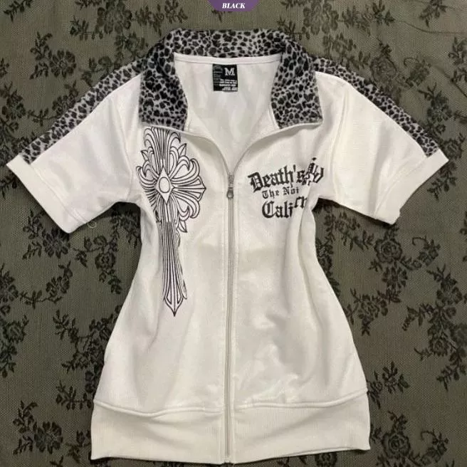 Subculture Y2K Áo thun Cardigan ngắn tay in họa tiết da báo dành cho nữ kiểu Mỹ cổ điển được trang bị hàng đầu hợp thời trang [BL]