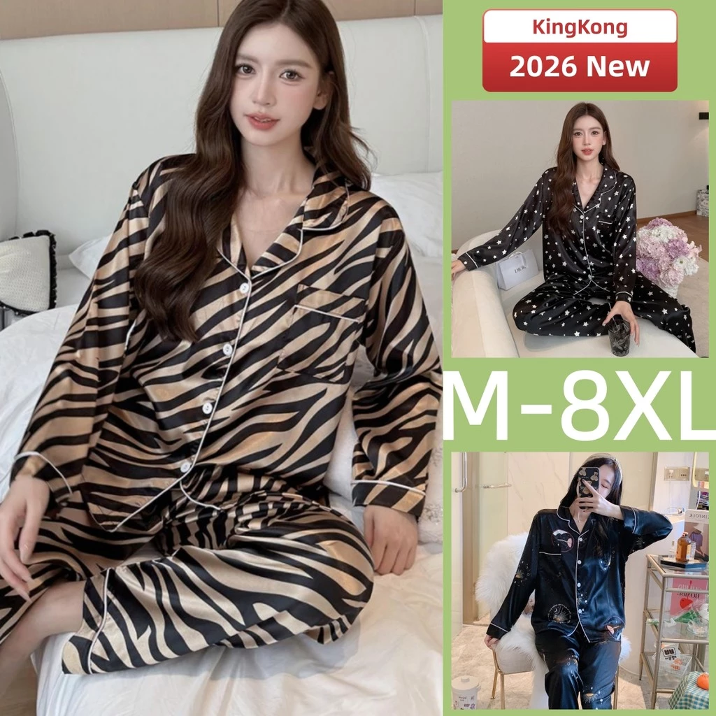 M-8XL Lụa Satin Bộ Đồ Ngủ Nữ Plus Kích Thước Bộ Đồ Ngủ Mùa Thu Tay Dài Quá Khổ Đồ Ngủ Mặc Nhà Rộng Thích Hợp Cho 160kg Mặc Ban Đêm