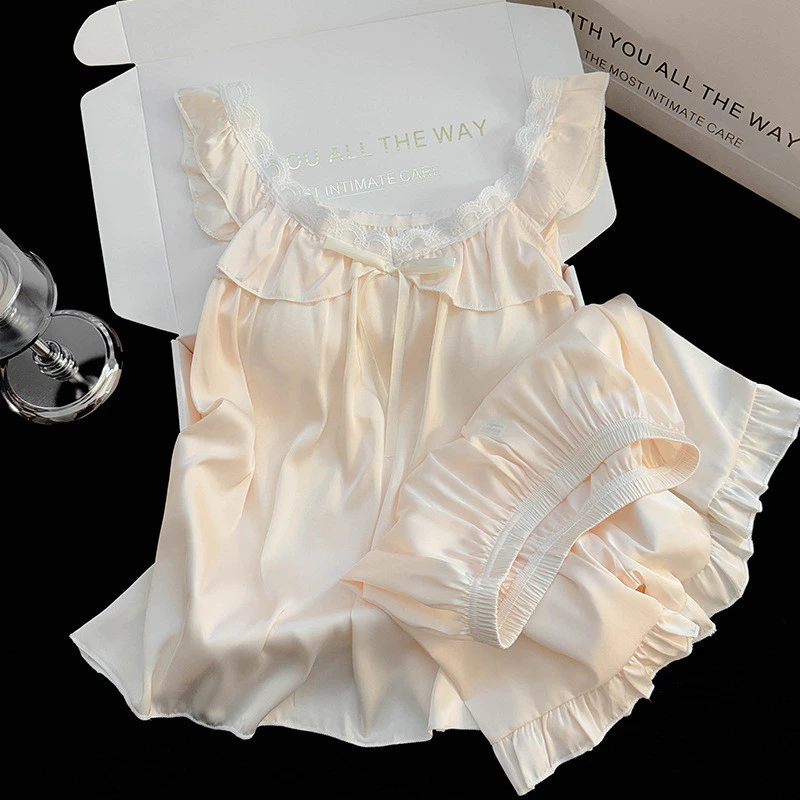 Bộ Đồ Ngủ Nữ Lụa Băng Công Chúa, Áo Hai Dây Viền Ren Có Đệm Ngực, Quần Short Mặc Nhà Mùa Hè Mềm Mát Dễ Thương