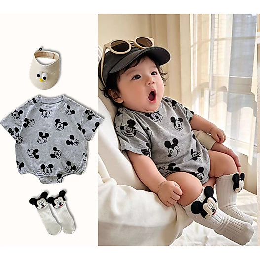 Bé sơ sinh Mùa hè tay ngắn in đầy đủ chuột Mickey Cotton mềm romper 0-24 tháng