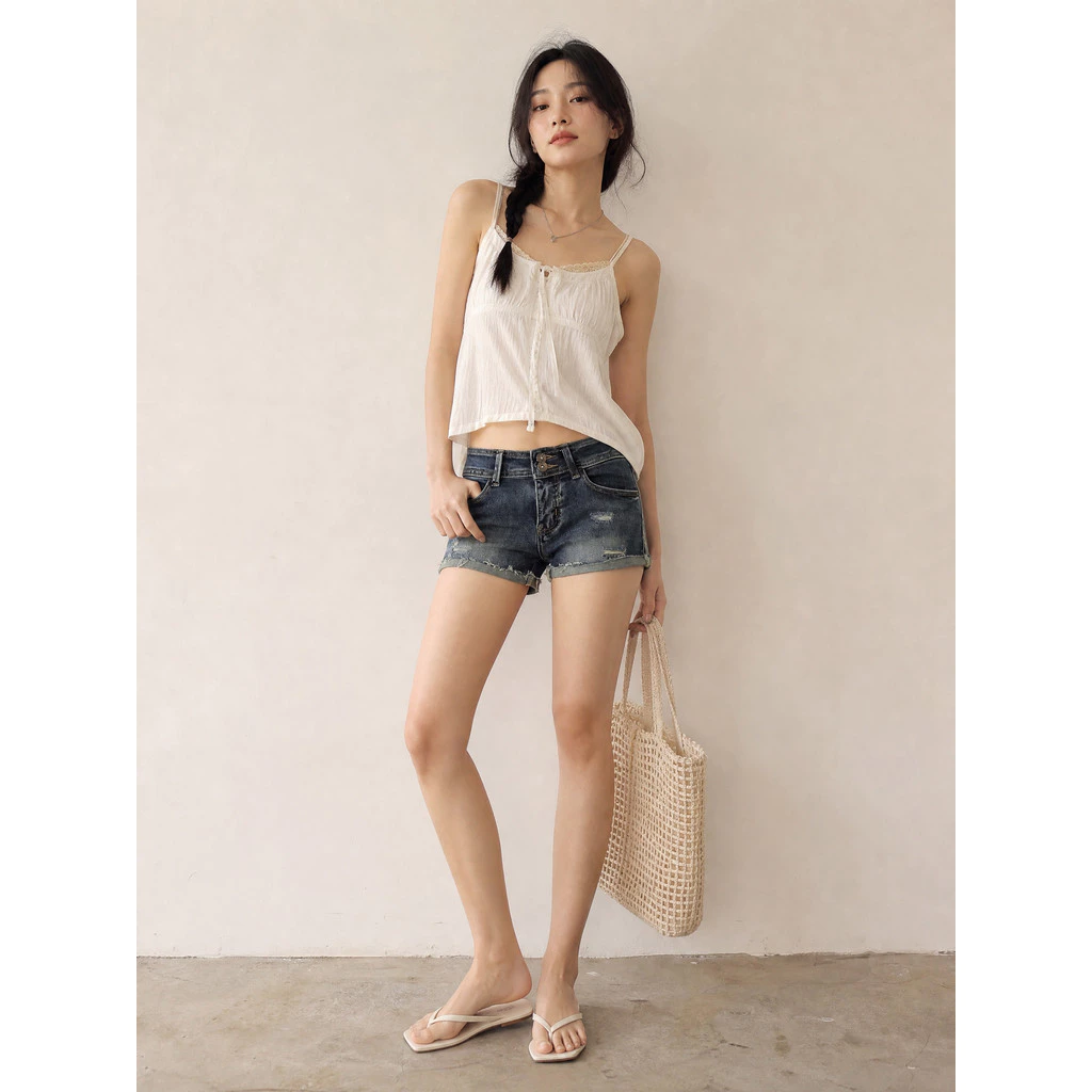 Quần short jeans phong cách retro Mỹ mới quần ống rộng eo cao độc đáo quần short rộng size lớn