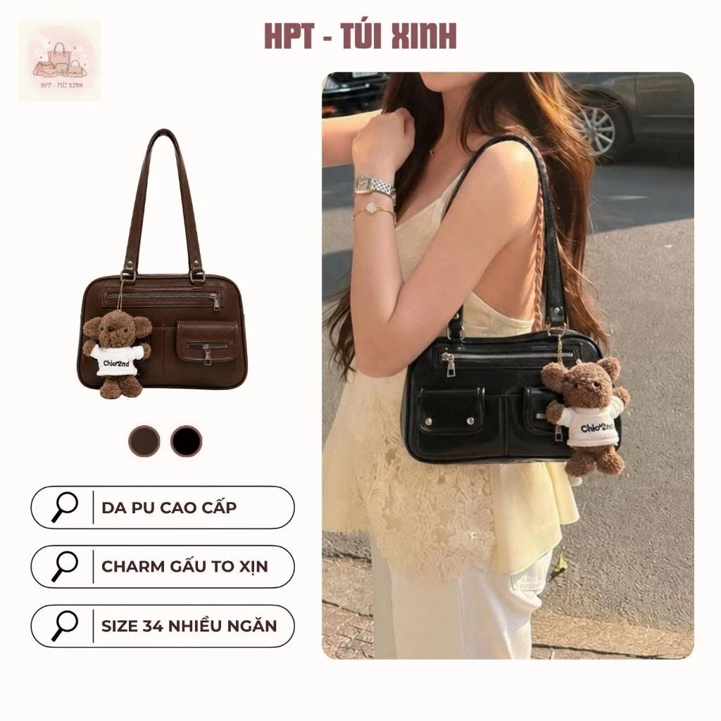 𝐂𝐓𝟎𝟏𝟏 - Túi nữ đeo vai da PU tặng charm gấu cute, túi xách thời trang phong cách Hàn Quốc đi làm đi chơi