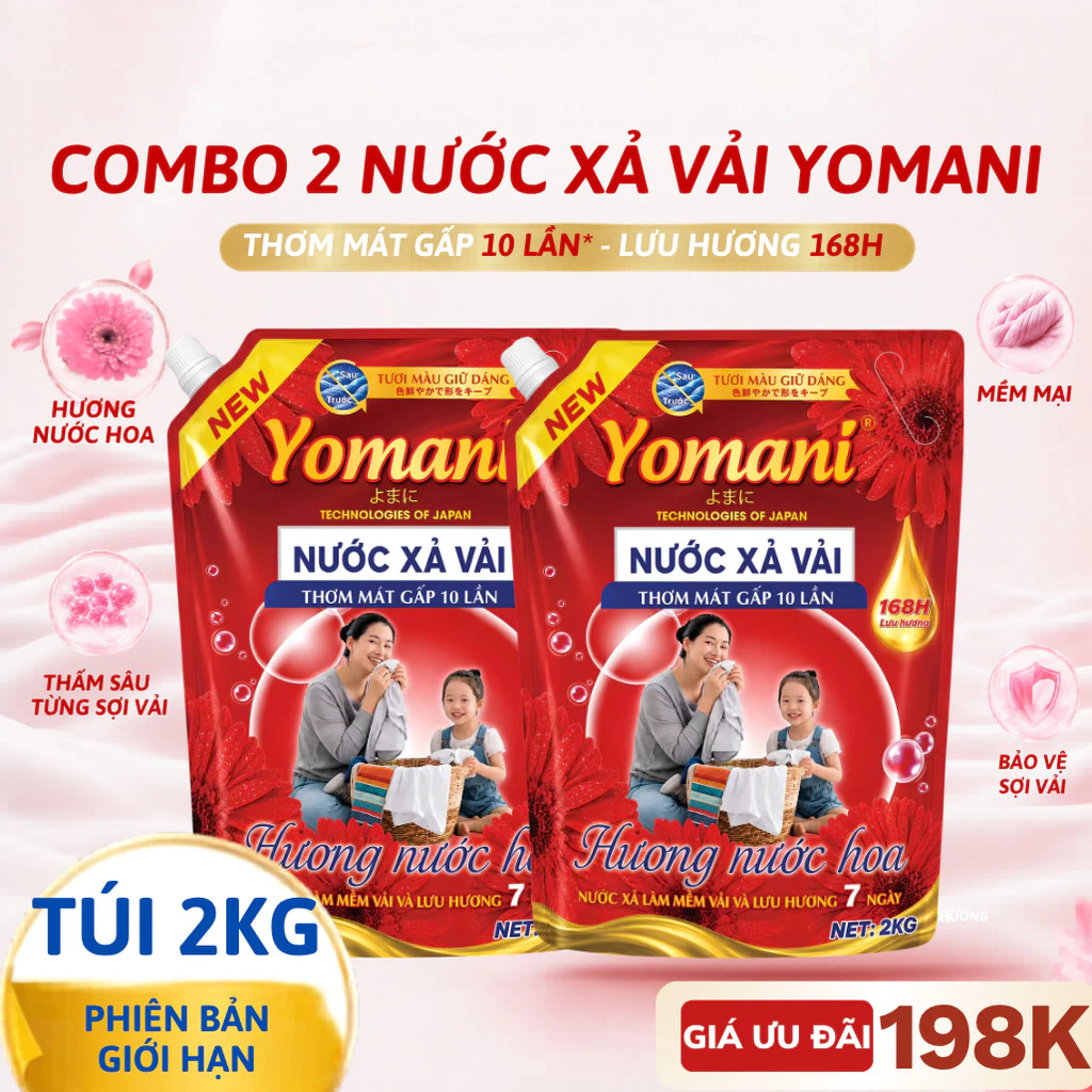 [HOT] Combo 2 Túi Nước Xả YOMANI Hương Nước Hoa 2KG - Thơm Lâu, Mềm Vải, Giảm Nhăn, Giữ Màu Quần Áo