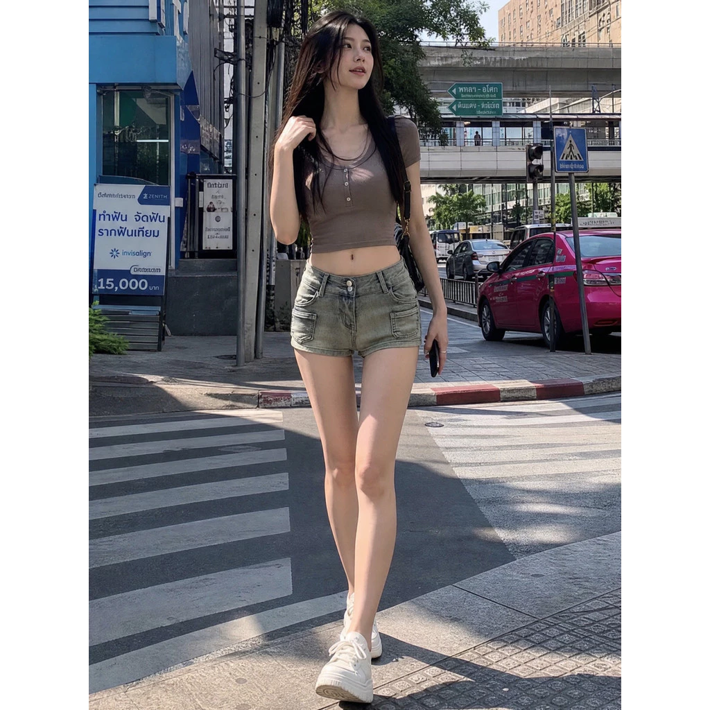 Quần short jeans phong cách retro Mỹ mới quần ống rộng eo cao độc đáo quần short rộng size lớn