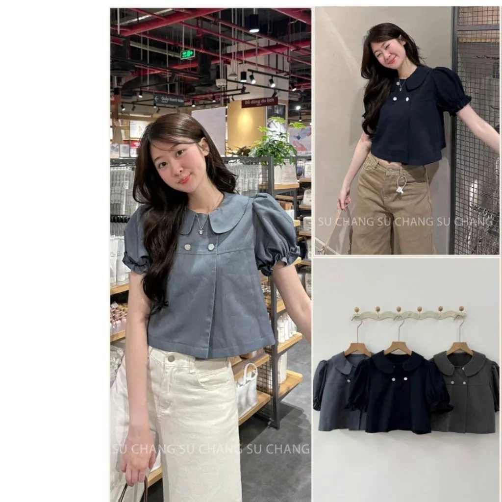 Áo Sơ Mi Cổ Sen Tay Bồng Chun Cúc Ngọc Dáng Croptop MA867066 Thời Trang Nữ - Fashion 73