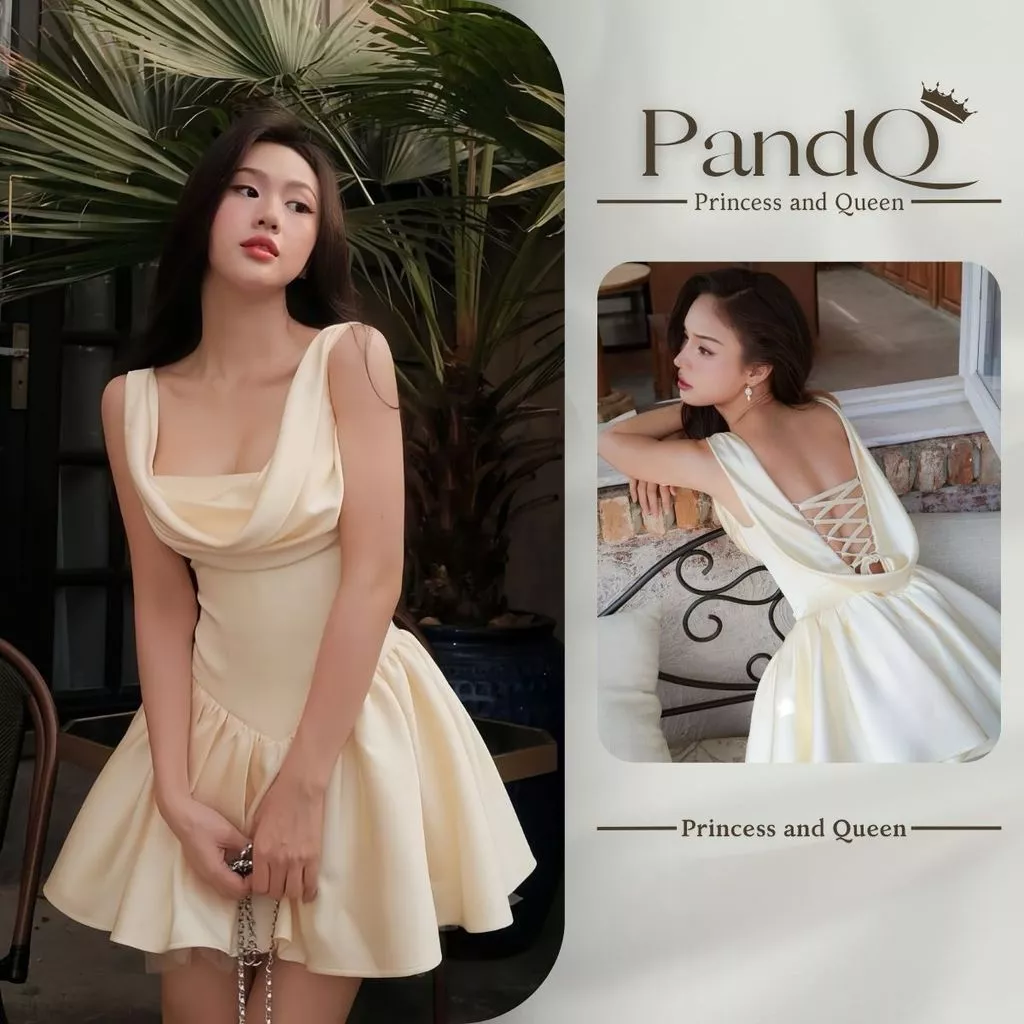 Váy Xòe Nữ P&Q Cổ Đổ Hở Lưng Đan Dây Dáng Công Chúa Tiểu Thư Cao Cấp | vd0134