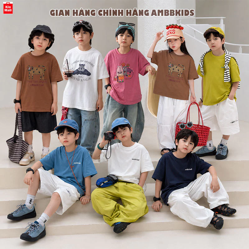 (14-58kg) BST Áo Thun Mùa Hè 𝟐𝟎𝟐𝟔 Ambbkids Cổ Tròn Cộc Tay Form To phong cách Hàn Quốc cho bé Trai, bé Gái