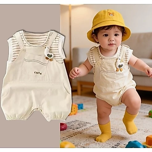 Baby Romper Summer Short Sleeves Cotton Beige Stripes Overalls Jumpsuit 0-36M