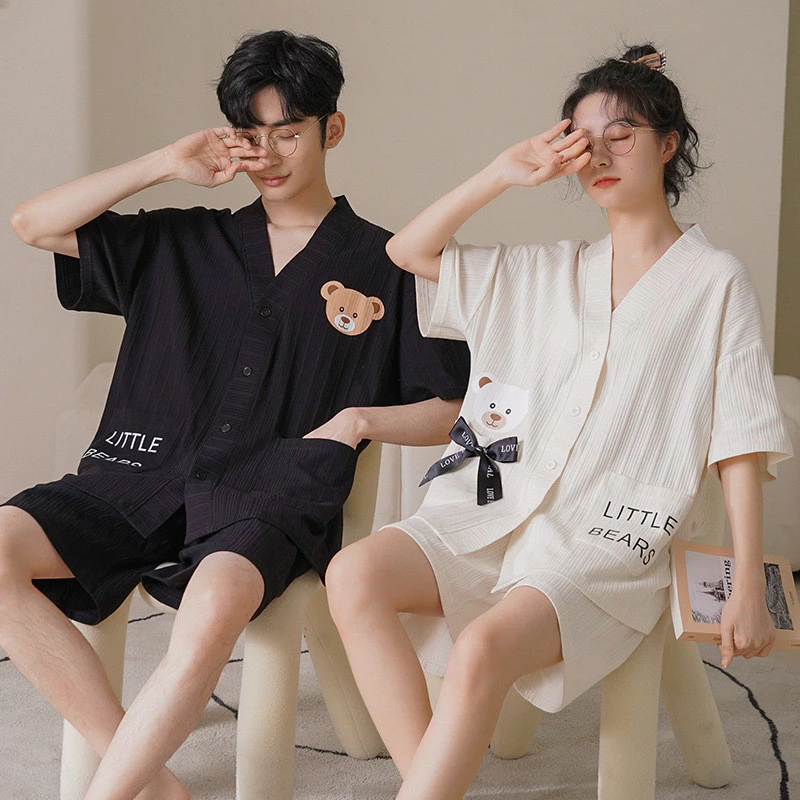 đồ ngủ đôi Bộ pyjama nữ Đồ ngủ nữ Cotton Mùa Hè Thoáng Mát Hàn Quốc Dễ Thương Phong cách văn nghệ