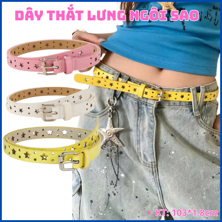 Thắt lưng nam nữ lỗ hình ngôi sao đen, trắng, hồng , vàng 1.8cm, dây đai quần áo, váy, quần jean Basic OLL413