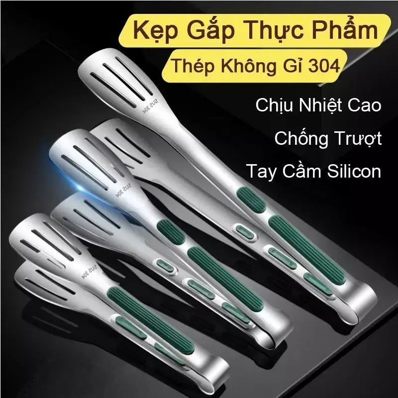 Kẹp gắp thức ăn, kẹp thịt nướng inox sus304, cán ốp silicon cách nhiệt