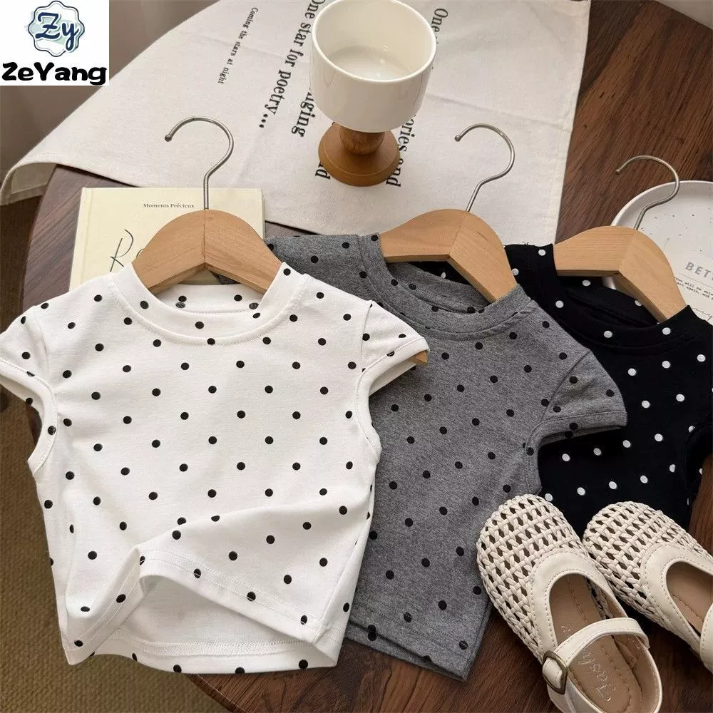 [ZY] 70-150 Hàng có sẵn Áo thun ngắn tay thông thường dành cho trẻ em cổ tròn chấm bi ngắn T nữ Áo sơ mi ôm đáy tất cả