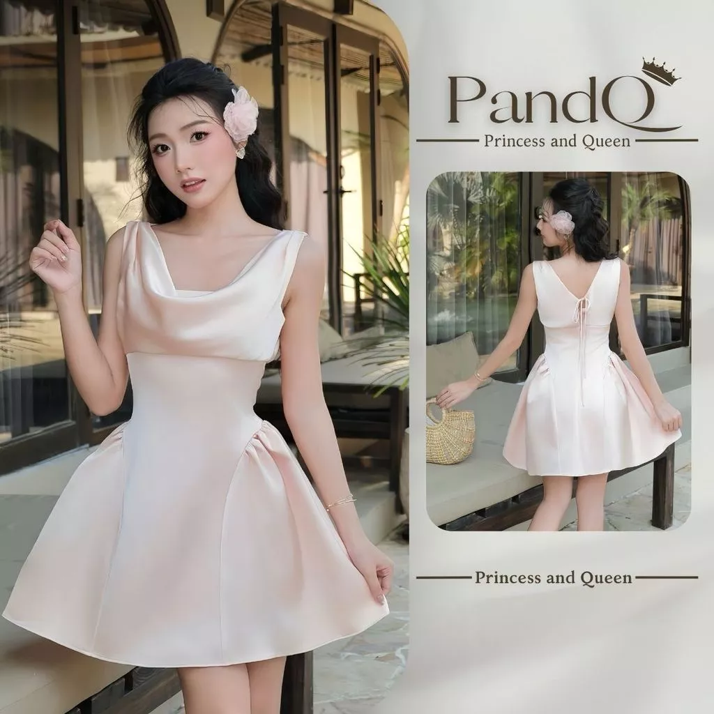 Váy xòe công chúa P&Q cổ đổ không tay phong cách Hàn Quốc thanh lịch cao cấp | vd0132