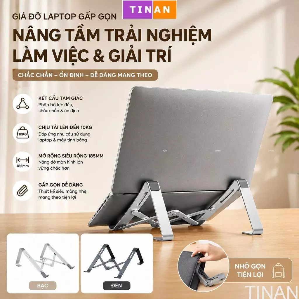 Giá Đỡ Laptop Gấp Gọn Kim Loại, Kệ Đỡ Máy Tính Xách Tay Chịu Tải 10KG, Rộng 185mm, Tản Nhiệt Tốt