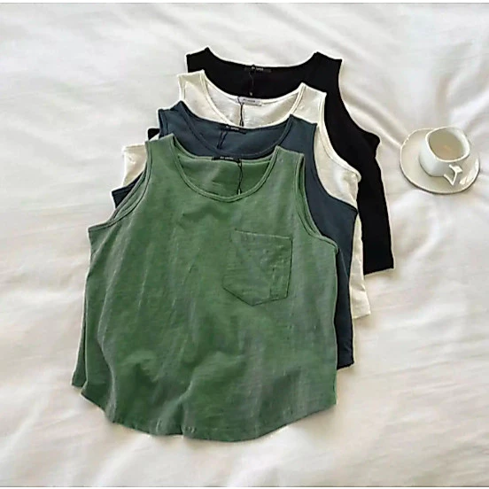 Áo ba lỗ nữ trơn có túi đơn giản basic freesize dưới 63kg thun cotton co giãn thoáng mát