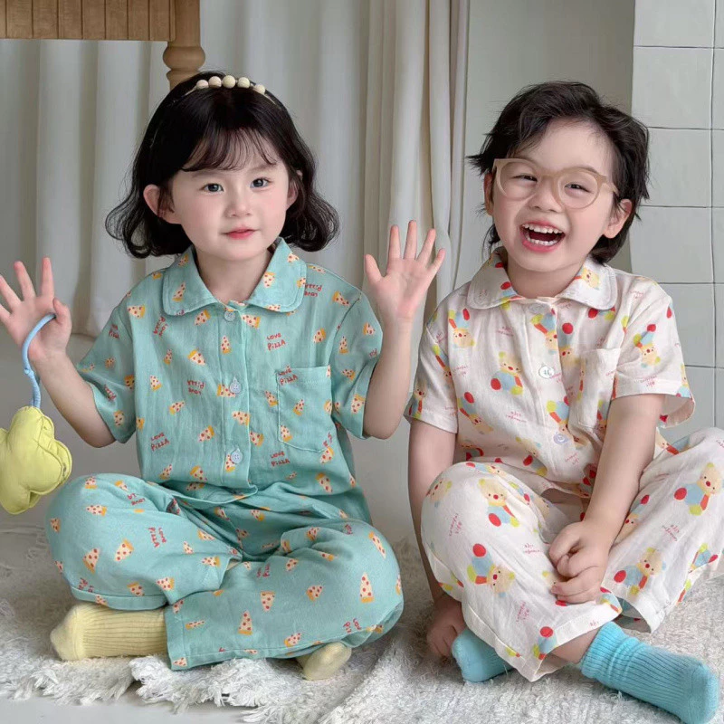 Trẻ Em Cotton Nguyên Chất Bộ Đồ Ngủ Ngắn Tay Bé Trai Bé Gái Hoạt Hình Dễ Thương Homewear