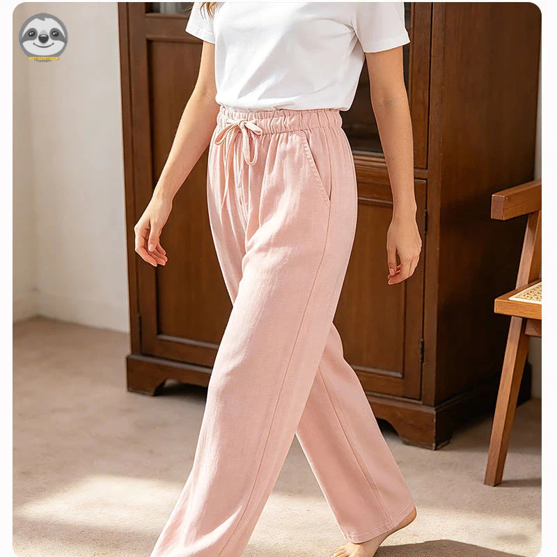 Phong cách Nhật Bản Phong cách Muji / Quần cotton nguyên chất dây rút màu trơn phong cách cặp đôi / Quần Pyjama cotton đôi mùa xuân mùa thu / Quần rộng rãi tại nhà