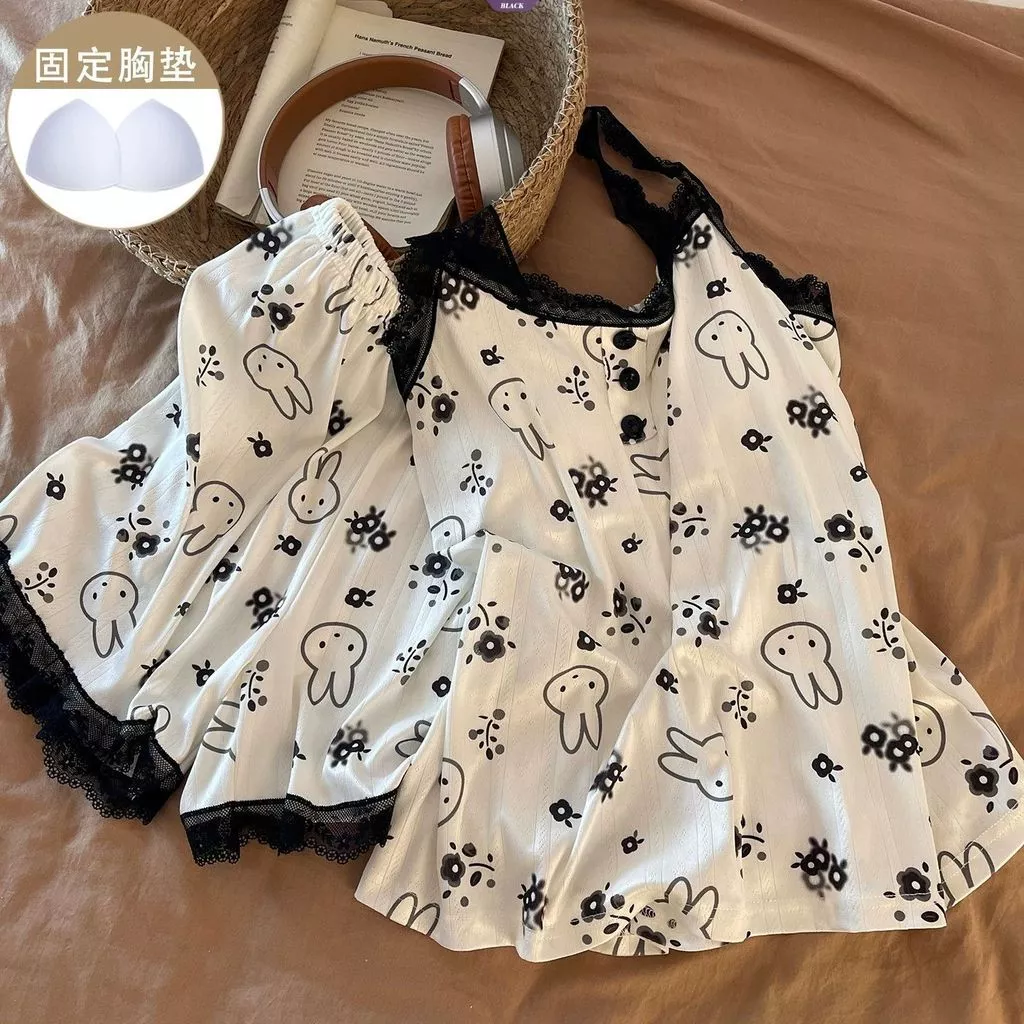 Nữ 2026 Hàng Mới Về Mùa Hè Ren Đen Miffy Thỏ Cami Áo Và Quần Short Gợi Cảm Loungewear Set [BL]