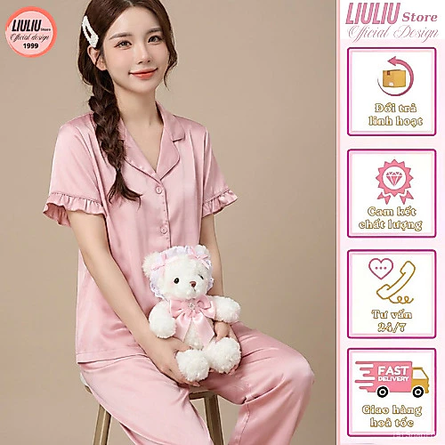 🌷 Bộ Lụa Xước Bèo Nhún Điệu Đà 💖 Set Đồ Mặc Nhà Nữ Tính, Mềm Mát, Cao Cấp