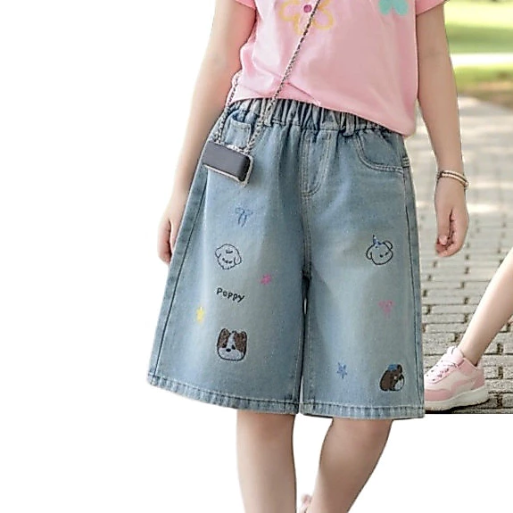 (16-50kg) short jean ngố bé gái in hoa tiết dễ thương , ngang gối quần sooc bò sành  điệu hình gấu pupy-shopgiaytui388