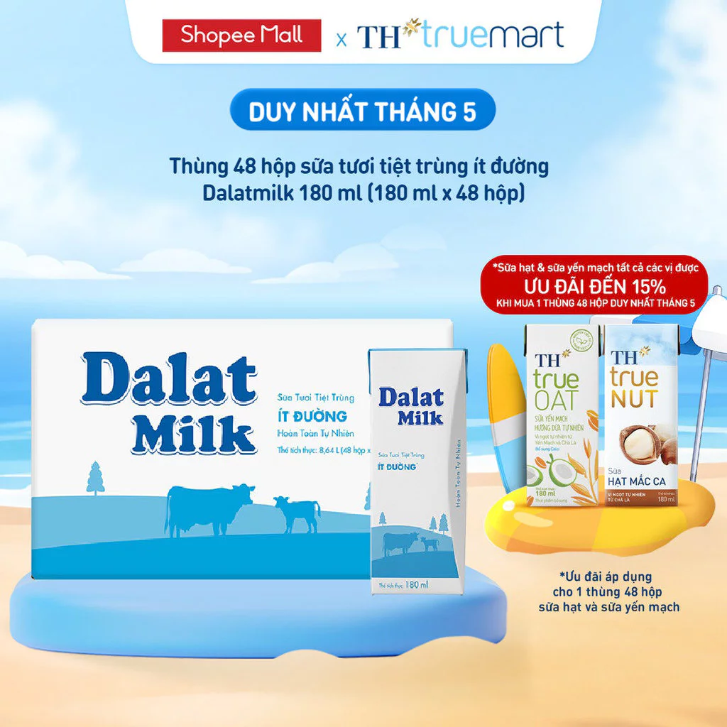 [LIVE STREAM] Thùng 48 hộp sữa tươi tiệt trùng Dalatmilk ít đường 180 ml (180 ml x 48)