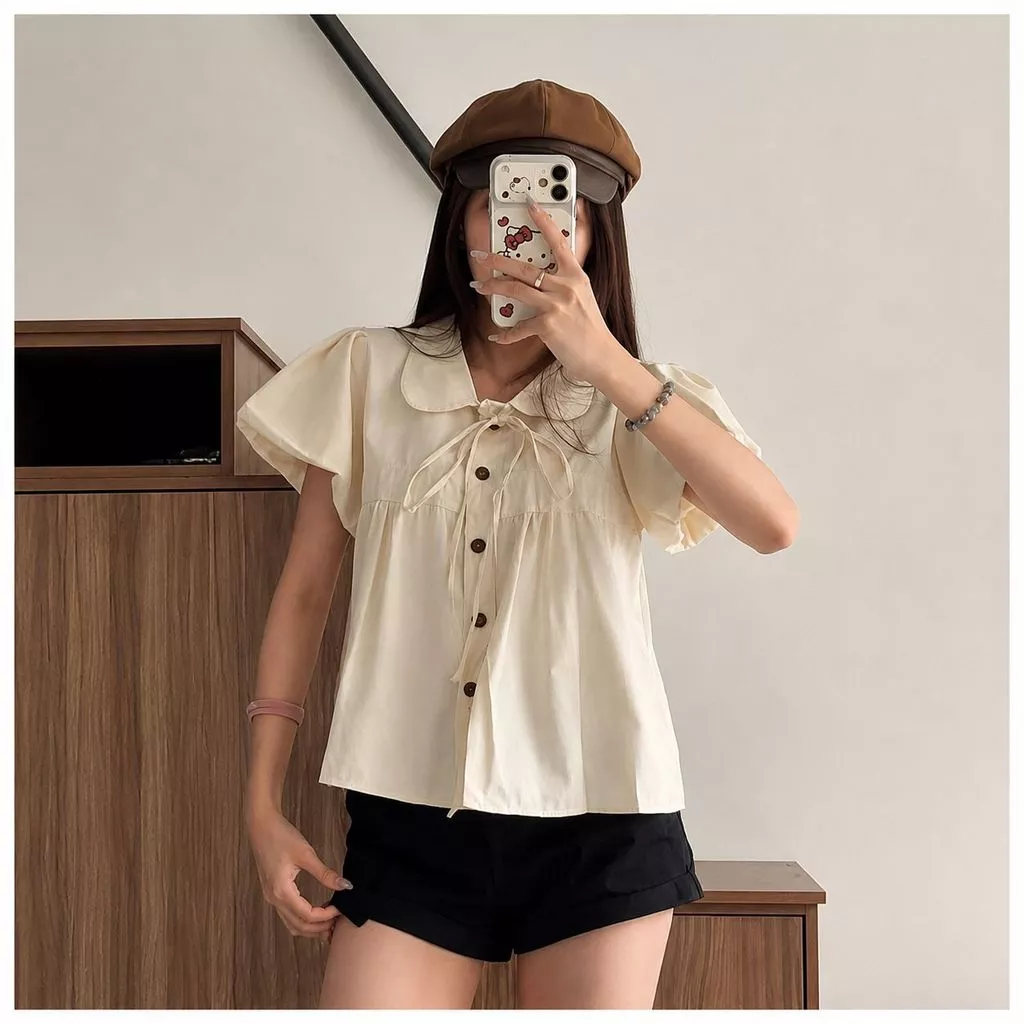 Áo kiểu babydoll thắt nơ xinh xắn,Áo cổ sen tay bồng cúc nâu dễ thương phong cách Y2K
