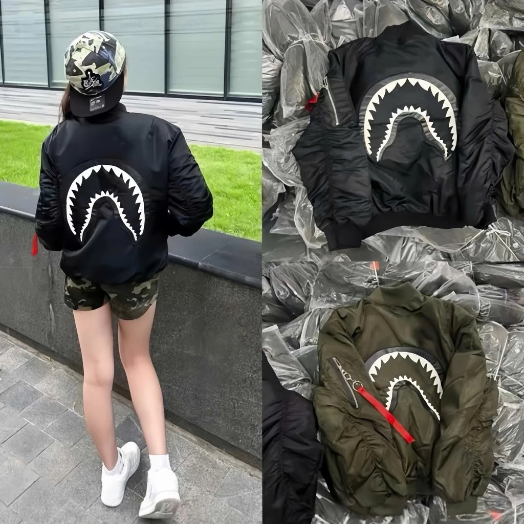 Áo Khoác Bomber GIÓ (KHÔNG TRẦN BÔNG) THÊU Da Hình Miệng Cá Mập Phối Khoá Tay Áo Cực Chất Chuẩn Đẹp Top Jacket