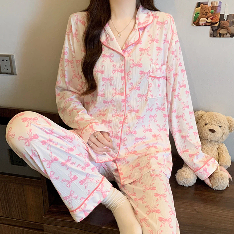 Ngọt Ngào Hồng Nơ Dài Tay Quần Bộ Đồ Ngủ Nữ Mỏng Lười Phong Cách Thường Ngày Homewear Nữ Bộ Đồ Ngủ