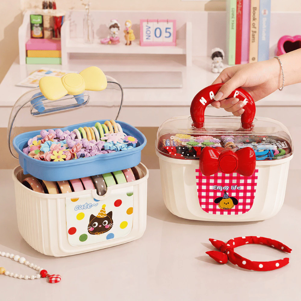 Hộp Đựng Trang Sức 2 Tầng Nắp Trong Suốt, Hộp Đựng Phụ Kiện Kẹp Tóc Mỹ Phẩm Mini Có Quai Xách Đa Năng