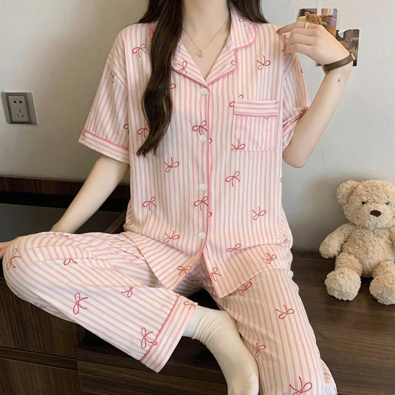Bộ Đồ Ngủ Nơ Sọc Ngọt Ngào Nữ Quần Ngắn Tay Mỏng Thoải Mái Thoáng Khí