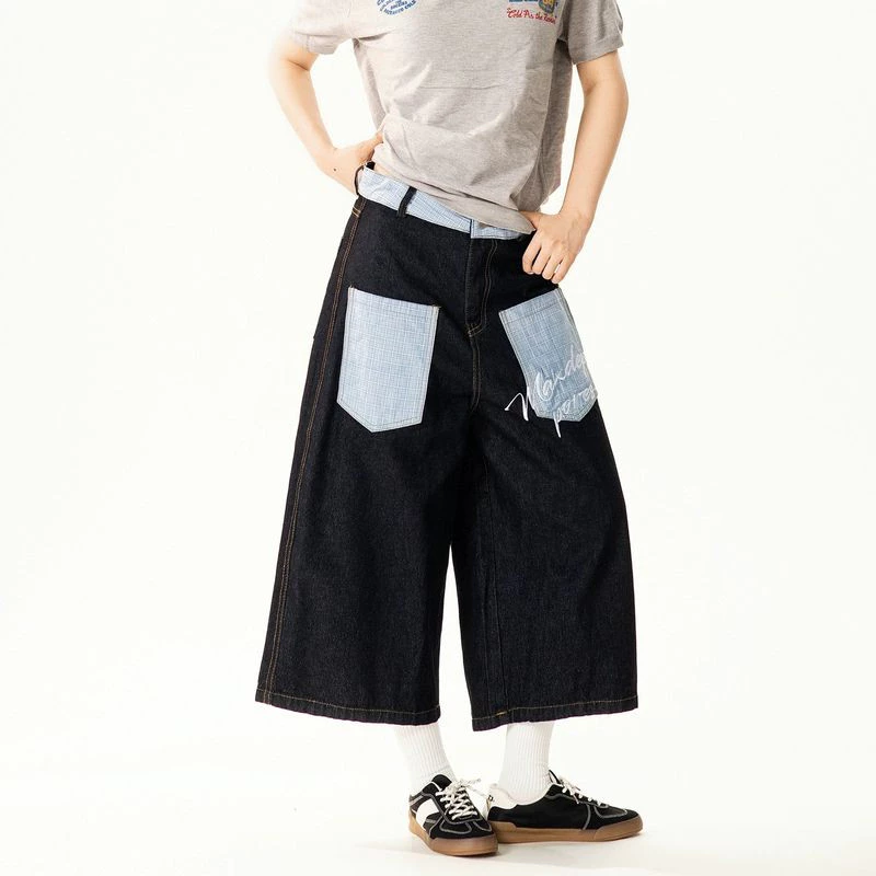 Retro Kẻ Sọc Thêu Khâu Denim Ống Rộng Crop Quần Thời Trang Trẻ Trung Đa Năng