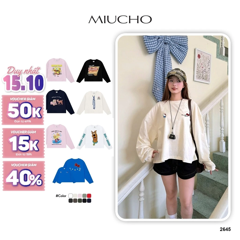 Áo Thun Boxy Tay Dài MIUCHO Vải Cotton Co Giãn 2 Chiều Thoáng Mát Cổ Tròn BST Hình Free Style In Mix