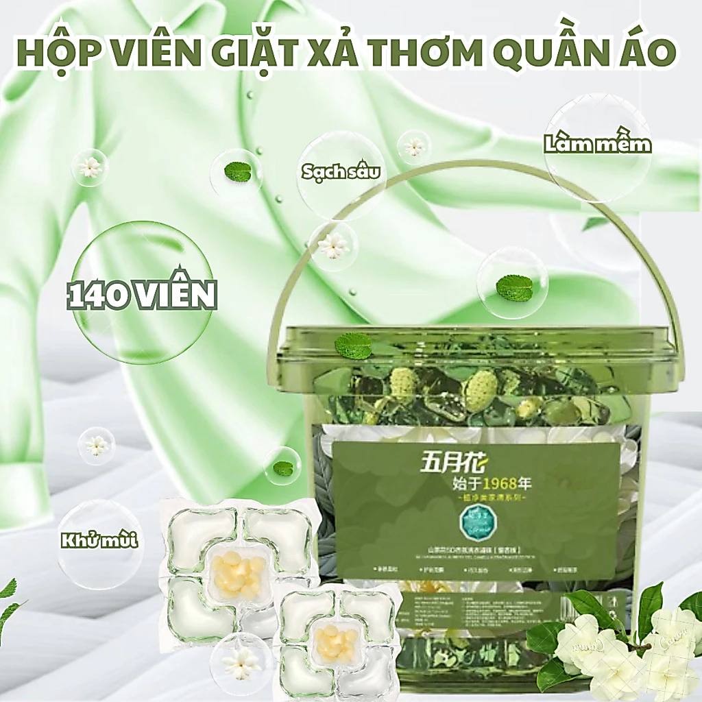 Hộp 140 Viên Giặt Xả Hương Nước Hoa Dạng Gel Đậm Đặc Loại Bỏ Vết Bẩn, Túi Viên Nước Giặt Cô Đặc 5in1 Tự Tan Trong Nước
