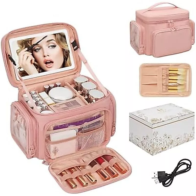 Túi đựng đồ trang điểm cỡ lớn Bagmoly, Túi đựng đồ trang điểm du lịch di động dành cho nữ Cô gái có ngăn cọ trang điểm &amp; Túi hai bên, du lịch mỹ phẩm Nhà vệ sinh lưu trữ dọc B