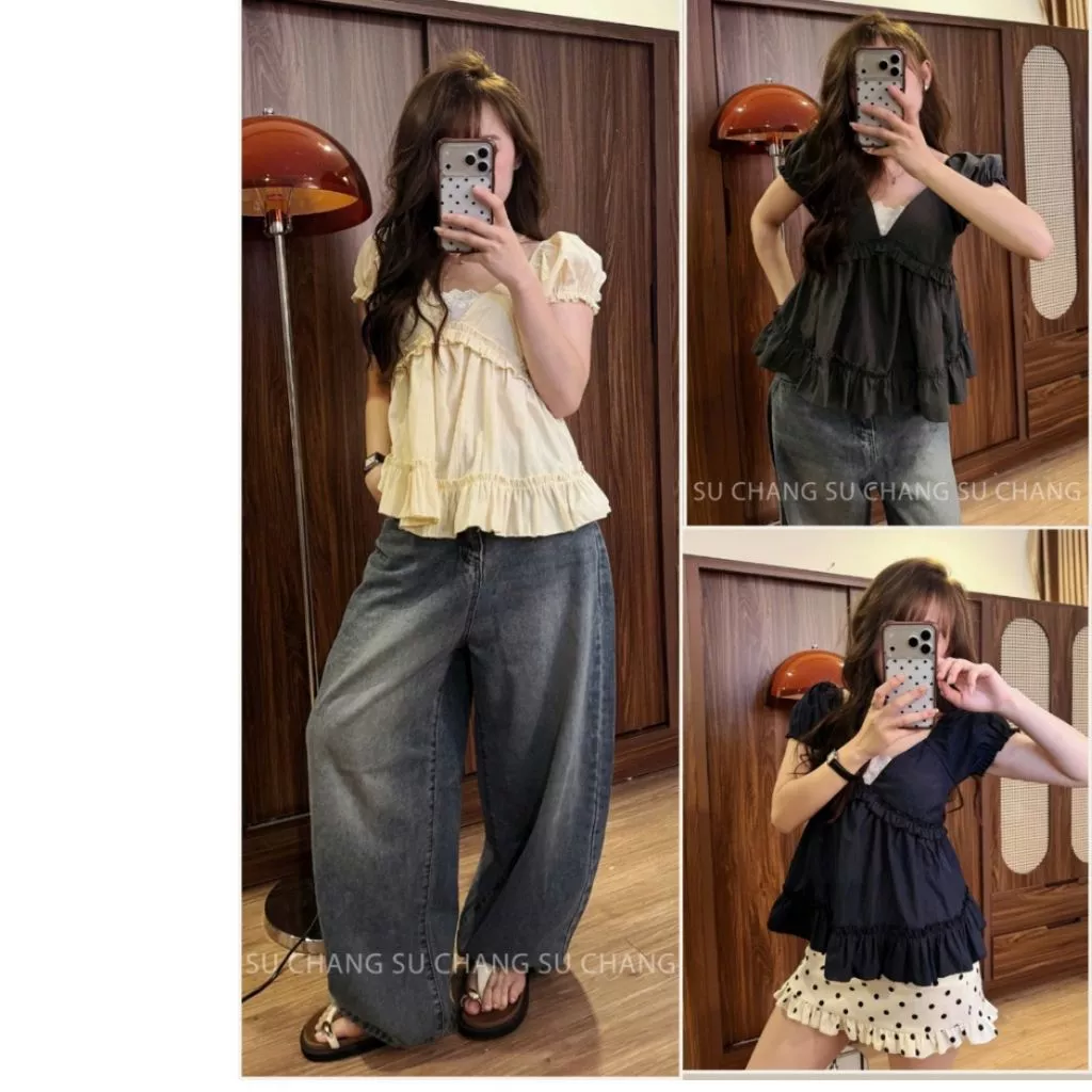 Áo Babydoll Viền Bèo Cổ V Phối Ren Cộc Tay Chun Lưng M4404 Thời Trang Nữ - Fashion 73