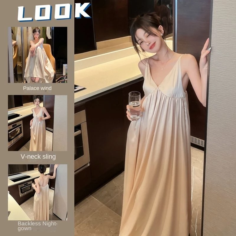Sẵn sàng - Bộ đồ ngủ nữ ice silk phong cách cung đình cổ điển chữ V cao cấp, không tay, phù hợp mùa hè, size lớn