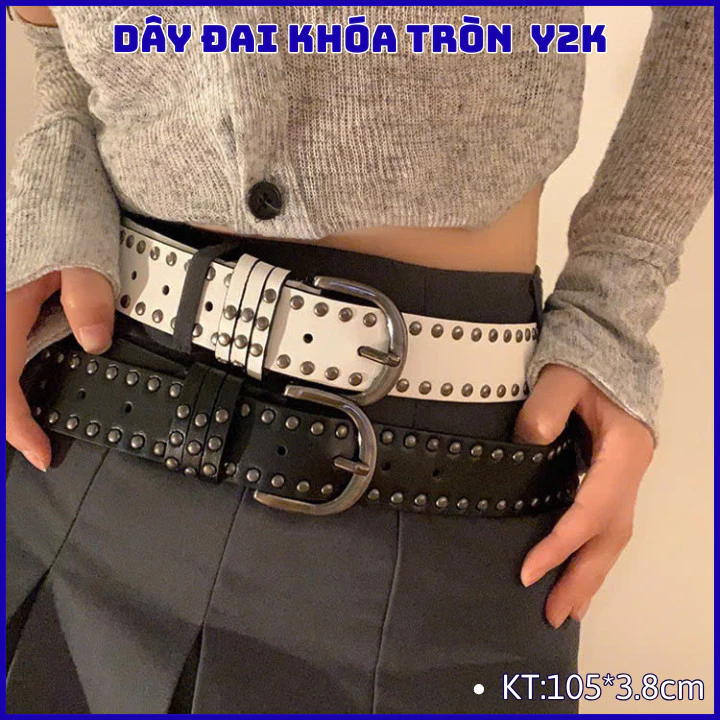 Dây đai nam nữ khóa tròn đính cườm 3.8cm màu đen và màu trắng, dây nịt đinh tán thời trang hàn quốc OLL386