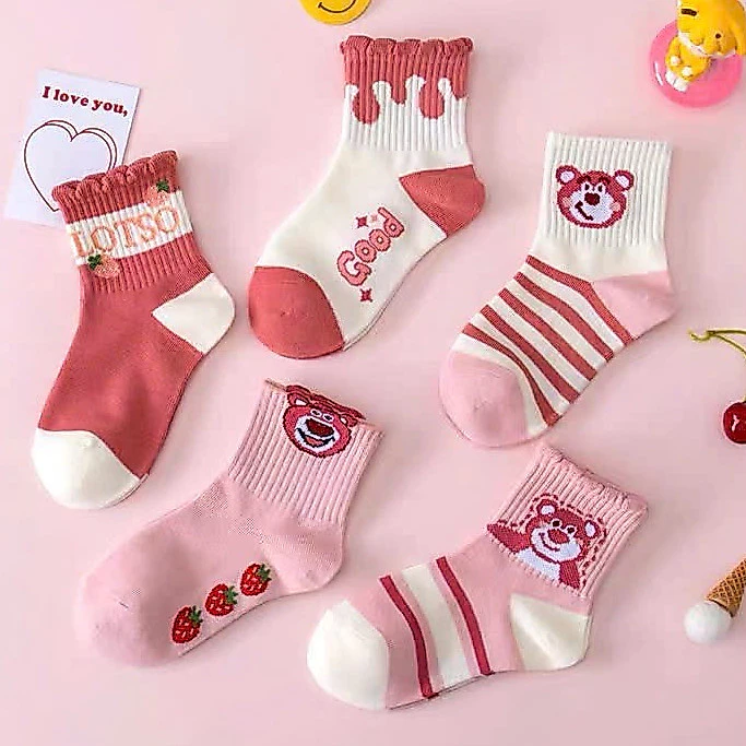 Set 5 Đôi Tất Cotton Cổ Cao Phối Hoạ Tiết Gấu Hồng LOTTO Cho Các Bé Gái te26
