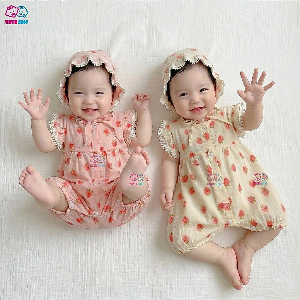 Bodysuit bánh bèo cho bé gái Body đùi kèm nón vải đũi lạnh thoáng mát cho sơ sinh SLH154